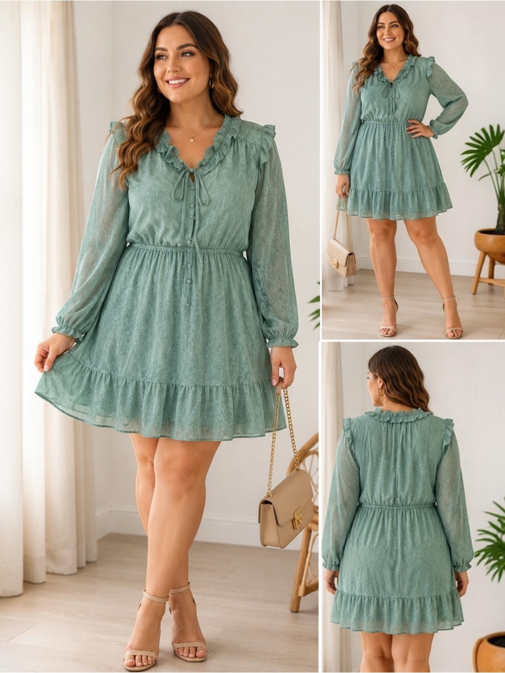 LC Lauren Conrad XXL Sage Floral Ruffle Neck Chiffon Mini Dress Long Sleeve